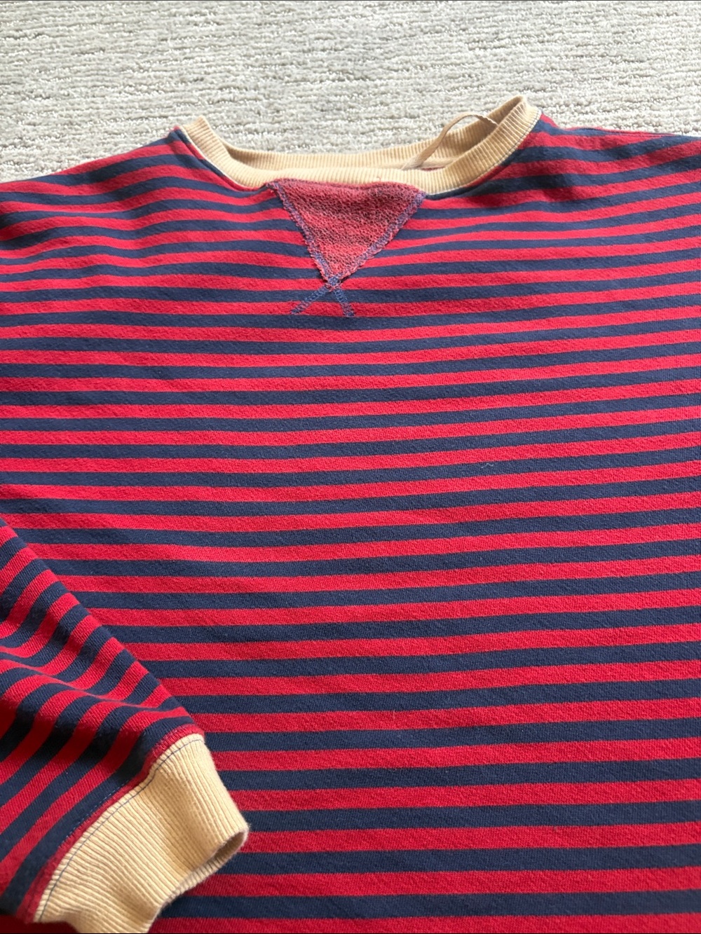 We The Free Red and Navy Striped Crewneck Sweater with Tan Trim - Picture 3 of 3